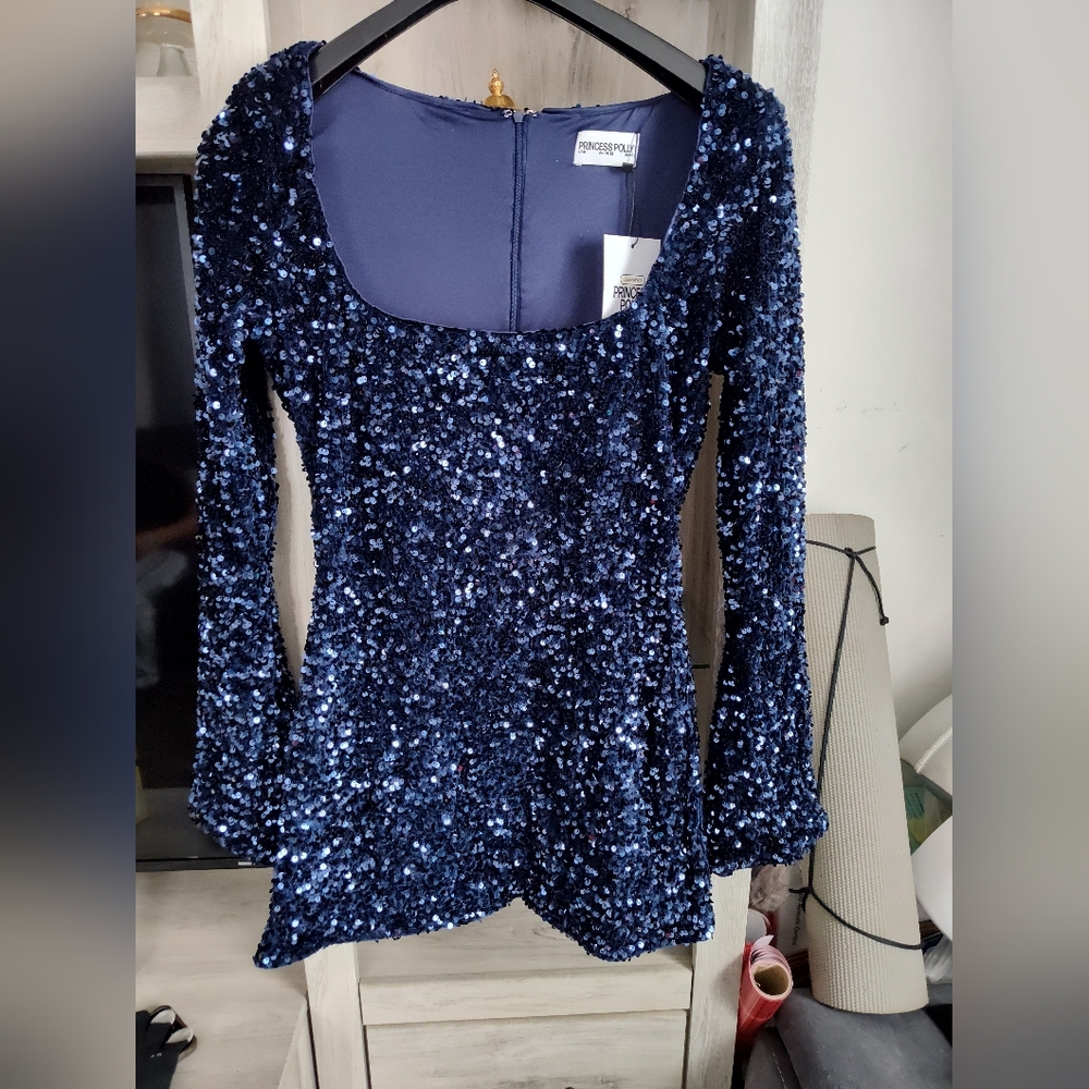 Princess Polly Vinelle Long Sleeve Mini Dress in navy blue, sequined dress SZ 8